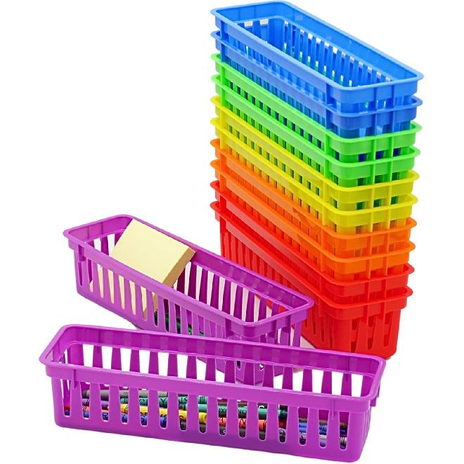 4E's Novelty 12 Pack Pencil Holder for Kids Desk, Colorful Plastic Pen Baskets Tray for Organizing Classroom Supplies, Plastic Caddy for Desk and