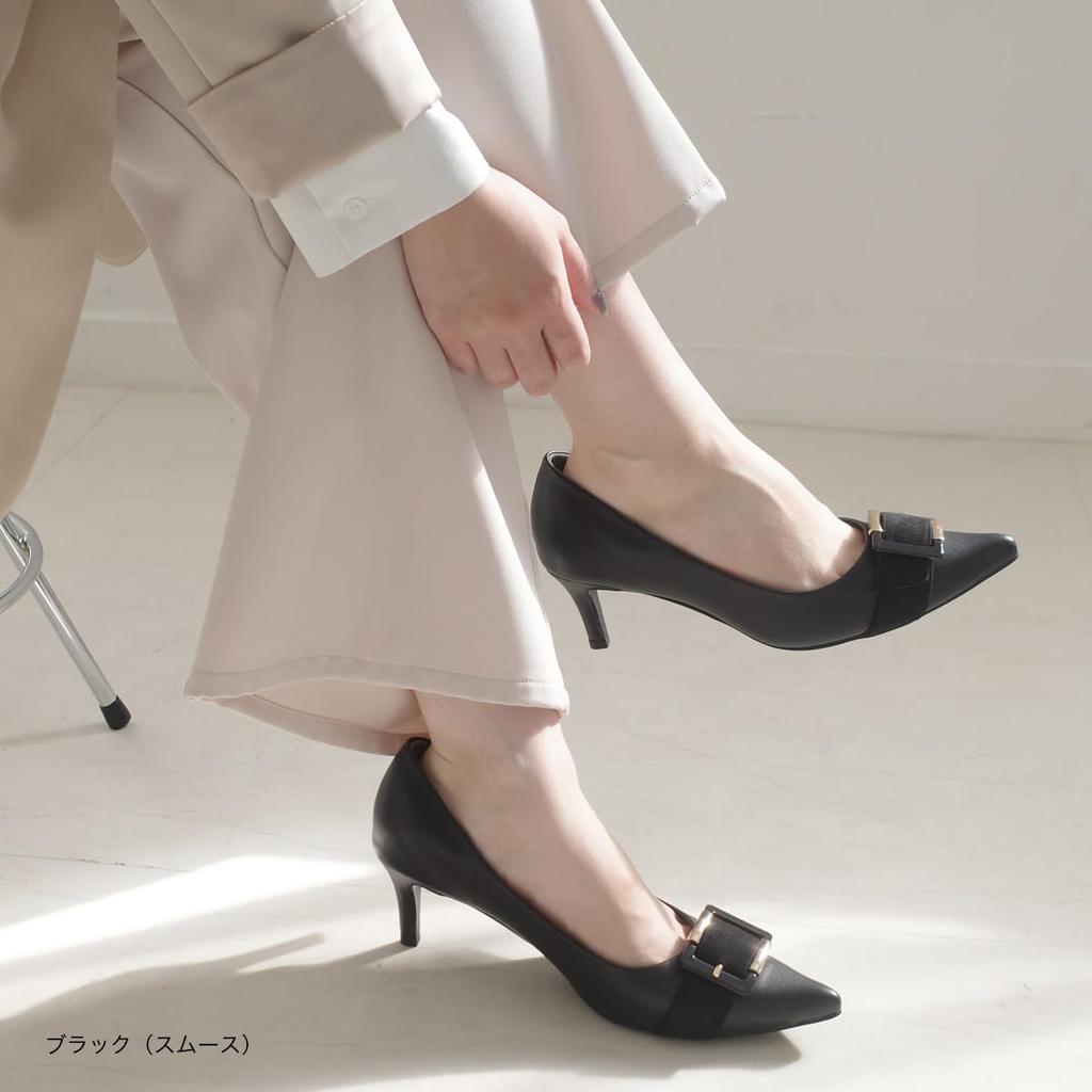 [AmiAmi] Women's Pointed Toe Pumps with Buckle, 6cm Heel, Comfortable for Walking, Leg-Lengthening Effect (Black (Smooth), 24.0cm-24.5cm) KH7544