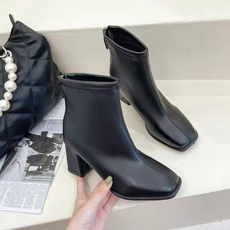 Skinny Boots Women's Martin Boots Spring and Autumn Coarse Heel Women's Boots Versatile High Heel Square Head Short Boots Women's