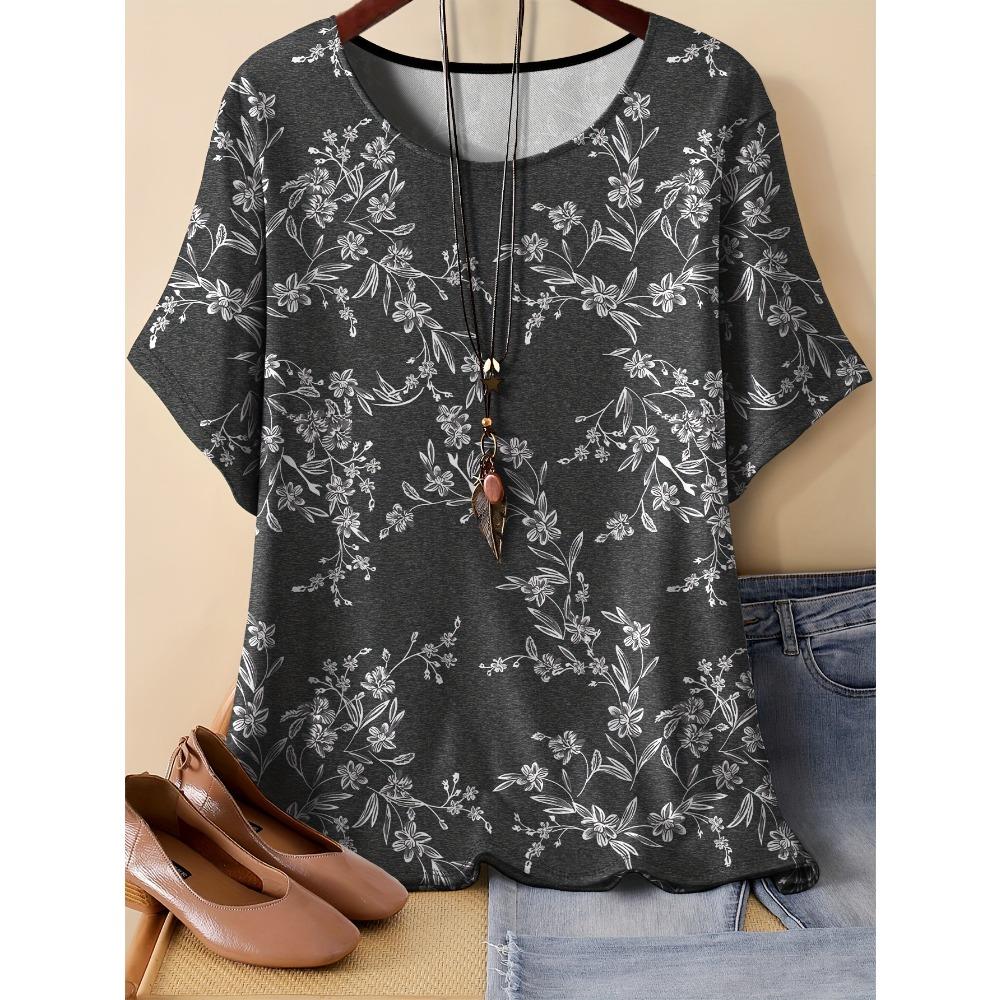 Summer Women's Vintage Style Flower Round Neck T-shirt 3D Printed Short Sleeved Fashionable Comfortable Soft Breathable Large Loose T-shirt