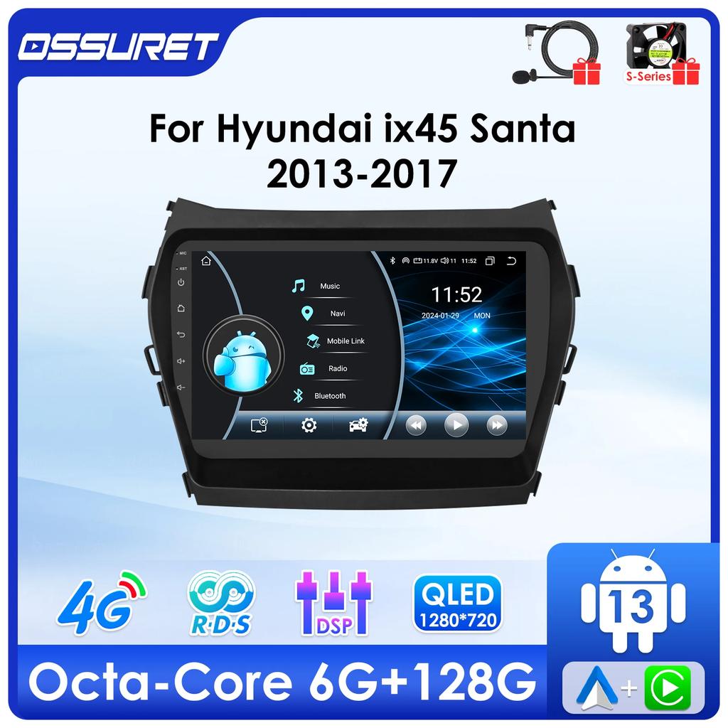 Ossuret Carplay 4G LTE 2 Din Android 12 Car Radio Multimedia Video Player for Hyundai Santa Fe 3 2013-2017 IX45 Navigation intelligent RDS GPS Stereo
