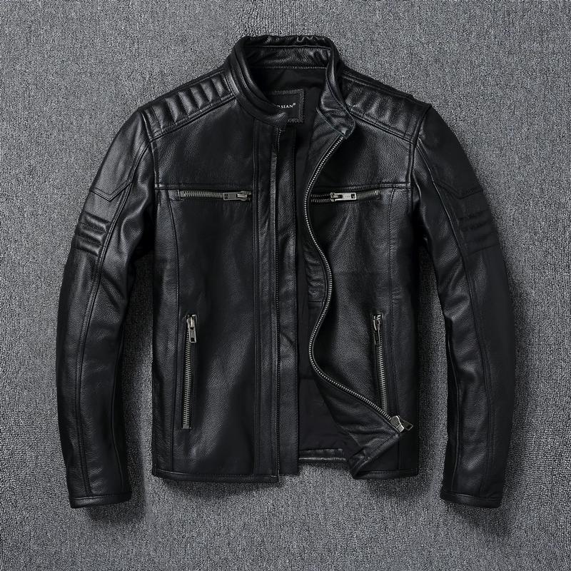 Chinese Size Vitnage Red Brown Men Leather Jacket Cowhide Leather Motorcycle Style Genuine Cow Jackets for Men Autumn