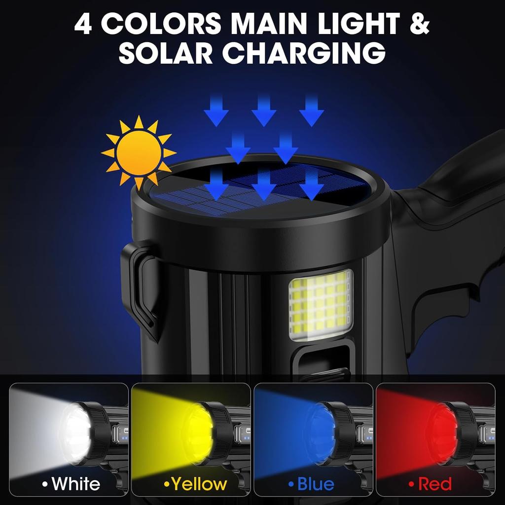 Kmivo Rechargeable Spotlight, 2,000,000 Lumens Super Bright Handheld Led Flashlight, Outdoor Spot Light with Cob Light and Solar Panelsfor Boating