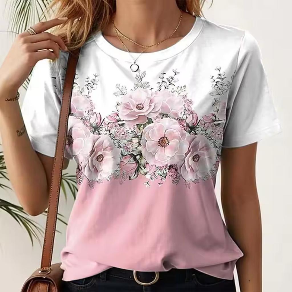 T-shirt da Donna Estiva con Stampa 3D Girocollo Moda Versatile Traspirante Tendenza Casual