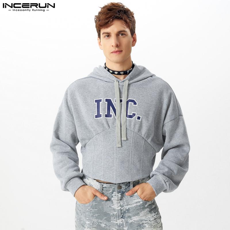

INCERUN Men Long Sleeve Print Short Hoodies Casual Solid Slim Sweatshirts S чёрный