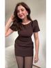European & American Women's Solid Color Slimming Short Dress – Round Neck, Short Sleeve, Waist-Cinched 