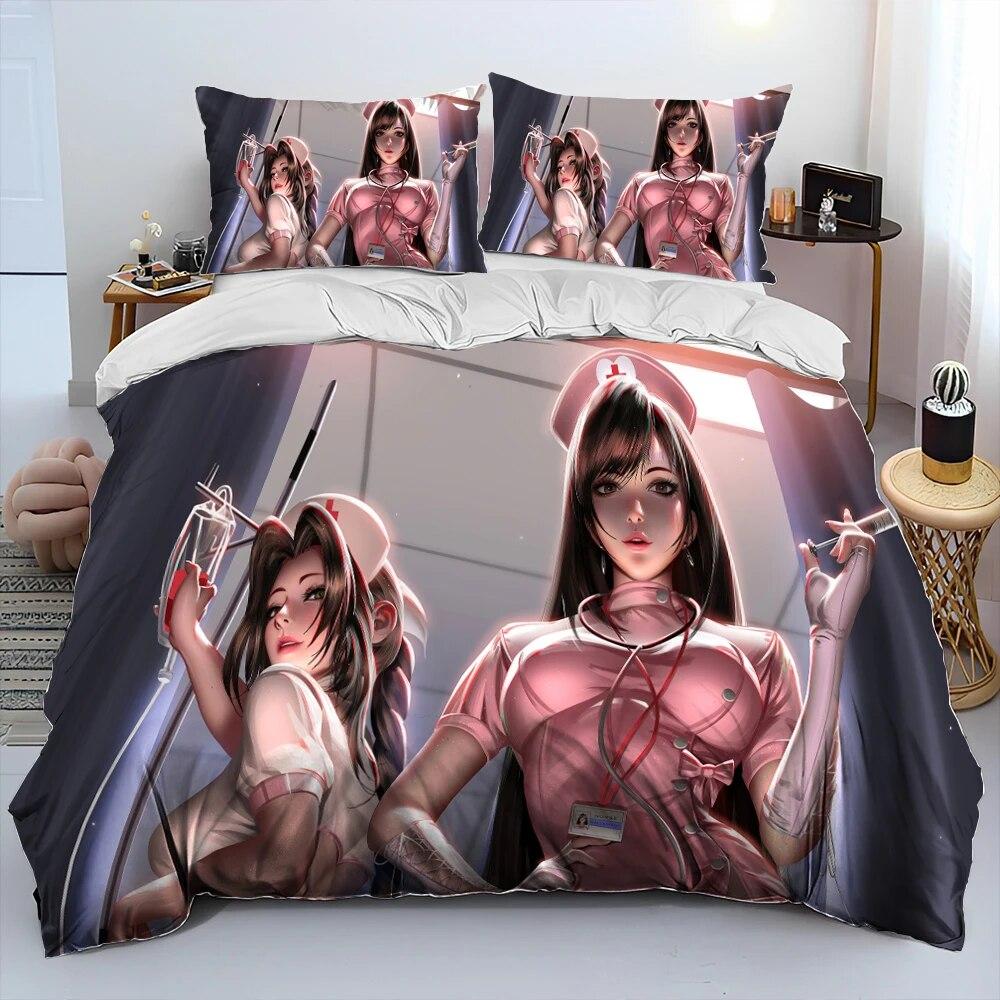 Tifa Aerith Sexy Girl Lace Cartoon Game Comforter Bedding Set,Duvet Cover Bed Set Quilt Cover Pillowcase,Queen Size Bedding Set