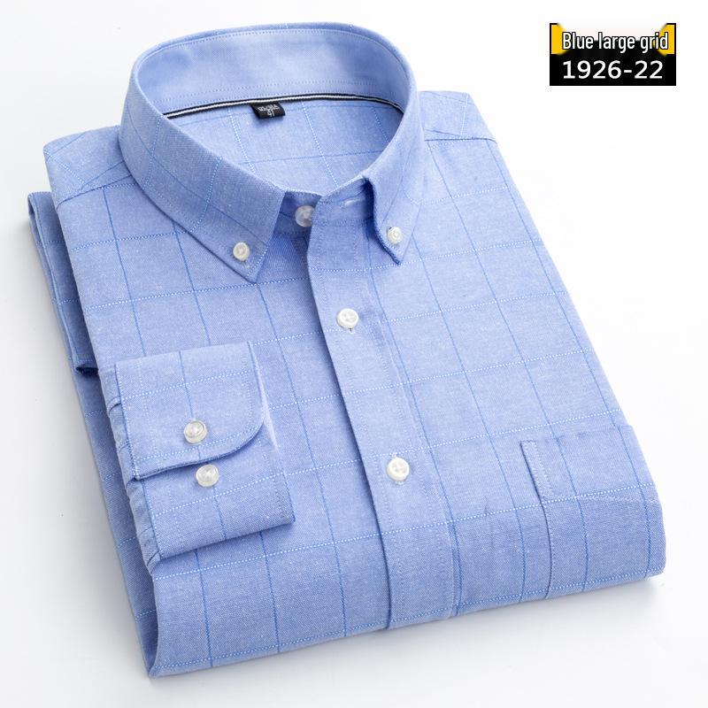 Men's Long Sleeve Washed Cotton Oxford Shirt - Slim Fit, Plaid, Iron-Free Stripes, Casual Style