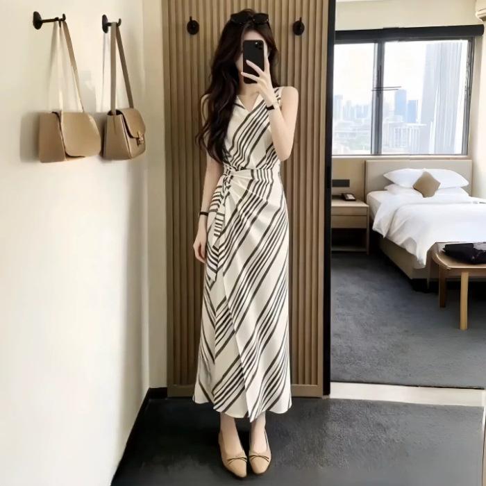 Fashion Striped Dress Women's Summer New Temperament Thin Waist Skirt Fashionable Strap Sleeveless Long Dress