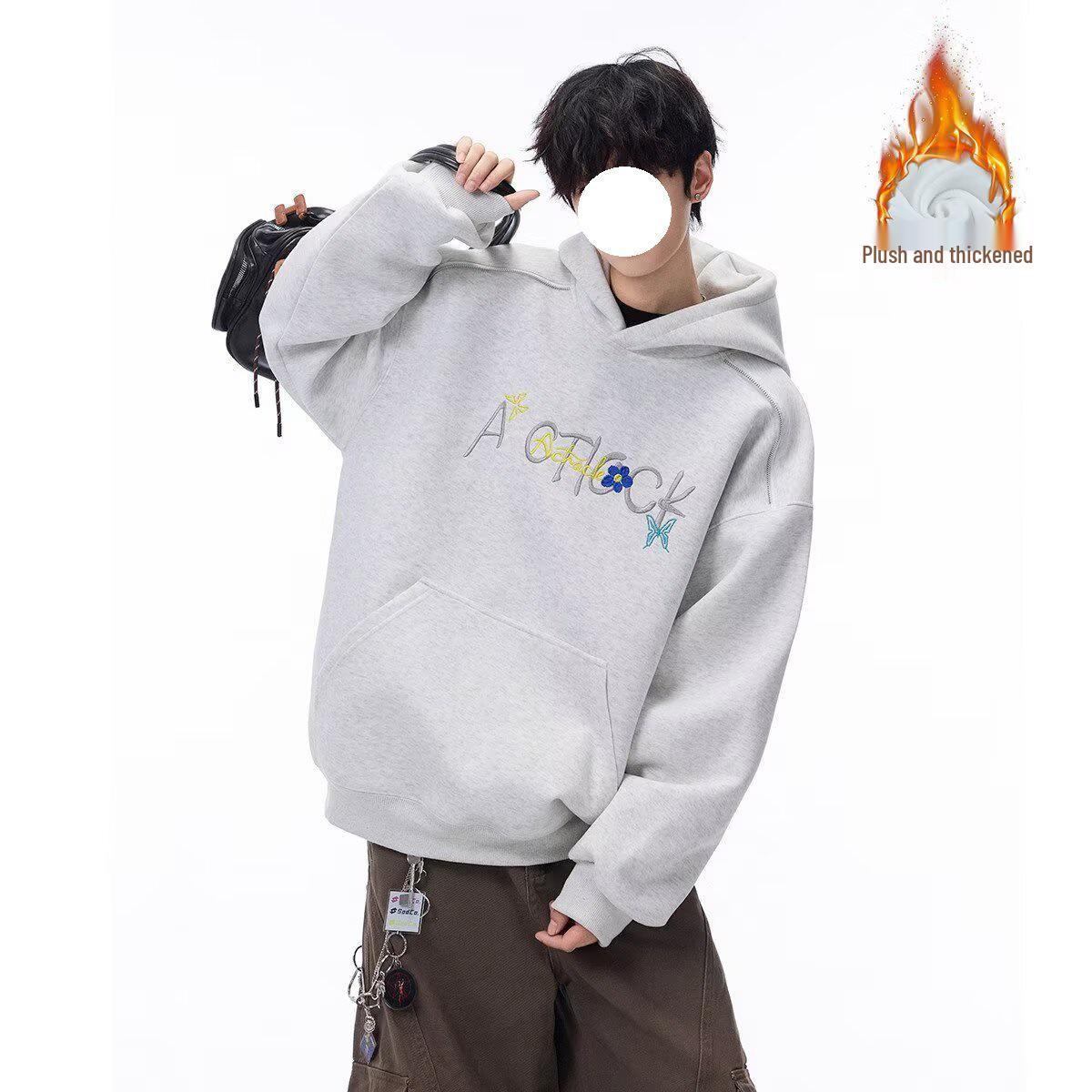 Men s Retro Embroidered Hoodie - Trendy Autumn/Winter Heavyweight Top for Teens 2XL