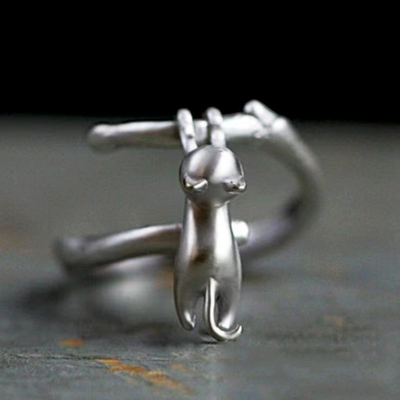 

New Fashionable Personality Lazy Kitten 925 Sterling Silver Cute Cat Climbing Tree Branches Temperament Opening Rings серебряный
