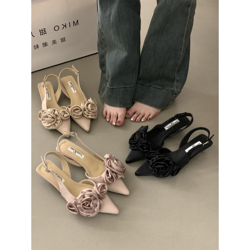 Fashion New Style Brand Women Sandal Fashion Flower Ladies Elegant Dress Slingback Shoes Thin Low Heel Dress Mules Pumps Zapatos Mujer