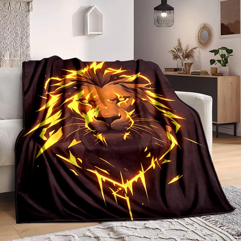 1pc Lion Flame Print Blanket - Lightweight Flannel Throw Blanket For Sofa, Bed, Living Room, Office, Outdoor Travel, Camping, Soft All-Season090