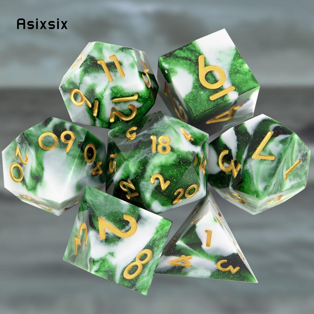 7 Pcs White Green Resin Golden Number Sharp Edge Dice Polyhedral Dice Suitable for Role-Playing RPG DND Pathfinder Board Game