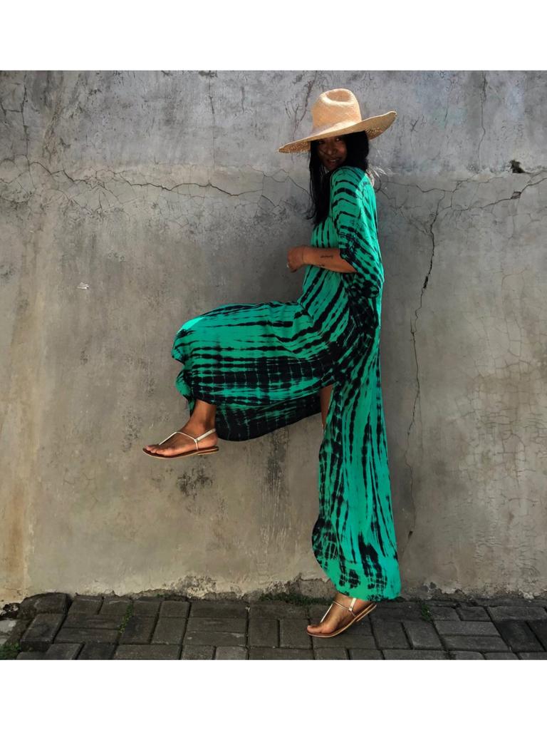 EDOLYNSA 2025 Casual Plus Size Kaftan Women's Tie-Dye Retro V-Neck Batwing Sleeve Long Dress Sexy Beach Swimsuit Cover-Up Q1218-730-15