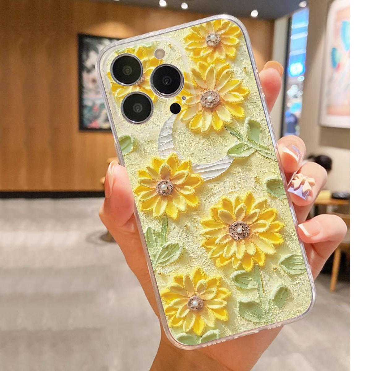 Yellow Floral Anti-Drop Clear Case for iPhone 14-17 Promax Xiaomi 14T Pro прозрачный
