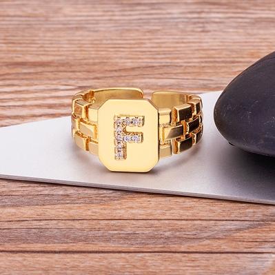 New Arrival Fashion Gold Color Initial Ring Open Design Adjustable Hot Sale Watchband Chain A-Z Letters Zircon Rings For Women
