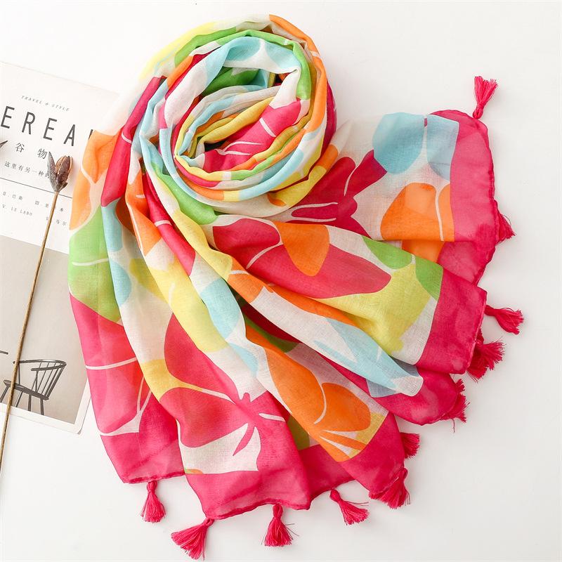 Ladies Scarf Thin Yarn Silk Scarf Spring and Summer Colorful Flower Fringed Shawl