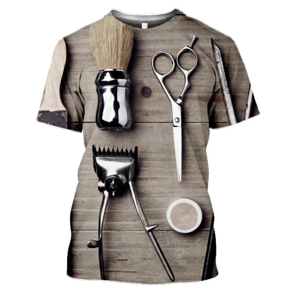 Men's Retro Barber Tool Pattern Men's Printed T-shirt Personalized Round Neck Fashion Comfortable Short sleeved Top