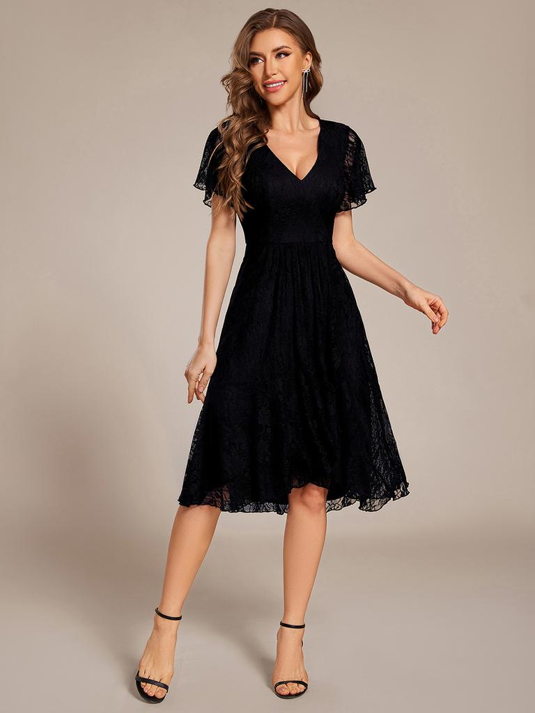 Ever-Pretty Women's V-Neck Short Sleeve Ruffled Lace Lotus Hemline Midi Wedding Guest Dress
