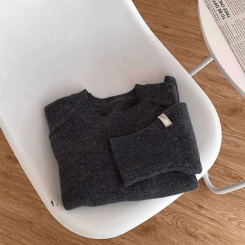New Korean Chic Round Neck Loose Sweater Women Winter Solid Bottoming Shirt Knitted Tops Simple Design Casual Pullover