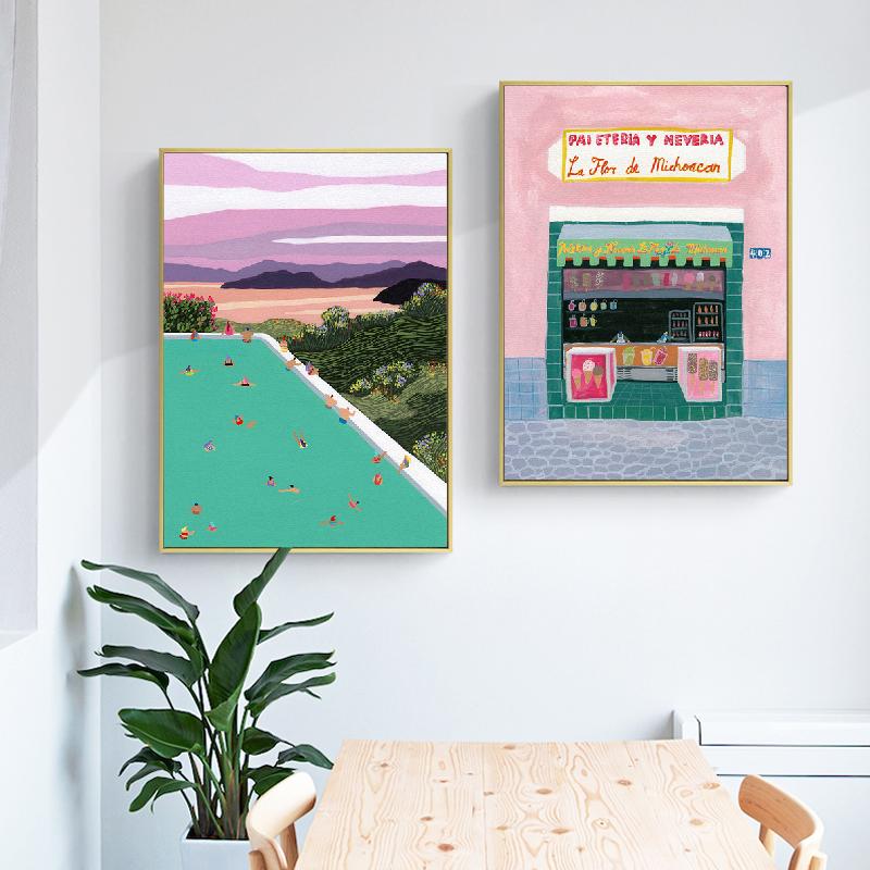 Kreskówka letni basen rośliny zielone sklep z napojami obraz na płótnie plakat artystyczny i druki obraz do wystroju salonu