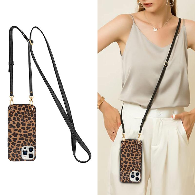 Crossbody Strap Leopard Zebra Print Case For iPhone 15 14 13 12 Mini 11 Pro Max Xs Xr X 16 PRO Plus SE2 Cord Chain Leahter Cover