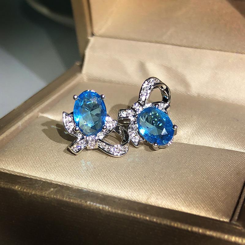 Newest  Silver Inlaid Earrings Female Natural Blue Topaz Bow Earrings For Ladies Birthday Wedding Party Jewelry Gifts