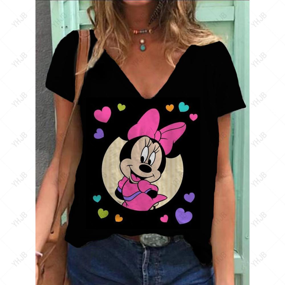 Sommer Ny Mote Dame V-hals Topp Kort Ermet T-skjorte Disney Mikke Mus Trykk Casual Gate Allsidighet Y2K Oversize-5XL