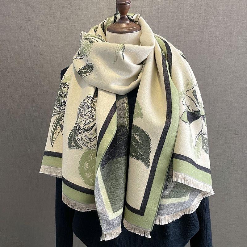 Autumn and Winter Scarf Women's New Shawl Outer Layer High End Peony Flower Scarf Office Blanket Imitation Cashmere Thickened Warm