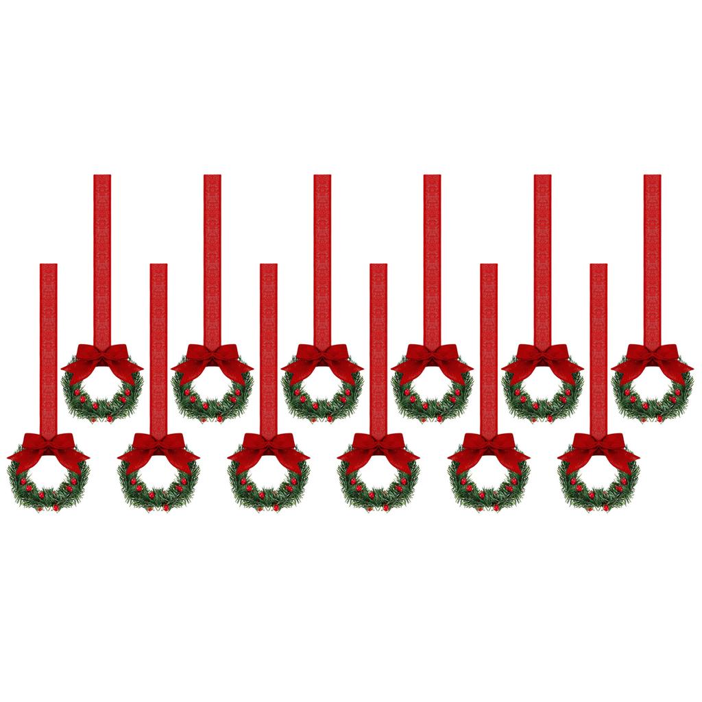 12Pcs Artificial Wreath 13cm Small Christmas Wreaths Ribbon Bows Wreath for Front Door Kitchen Cabinets Wall Window