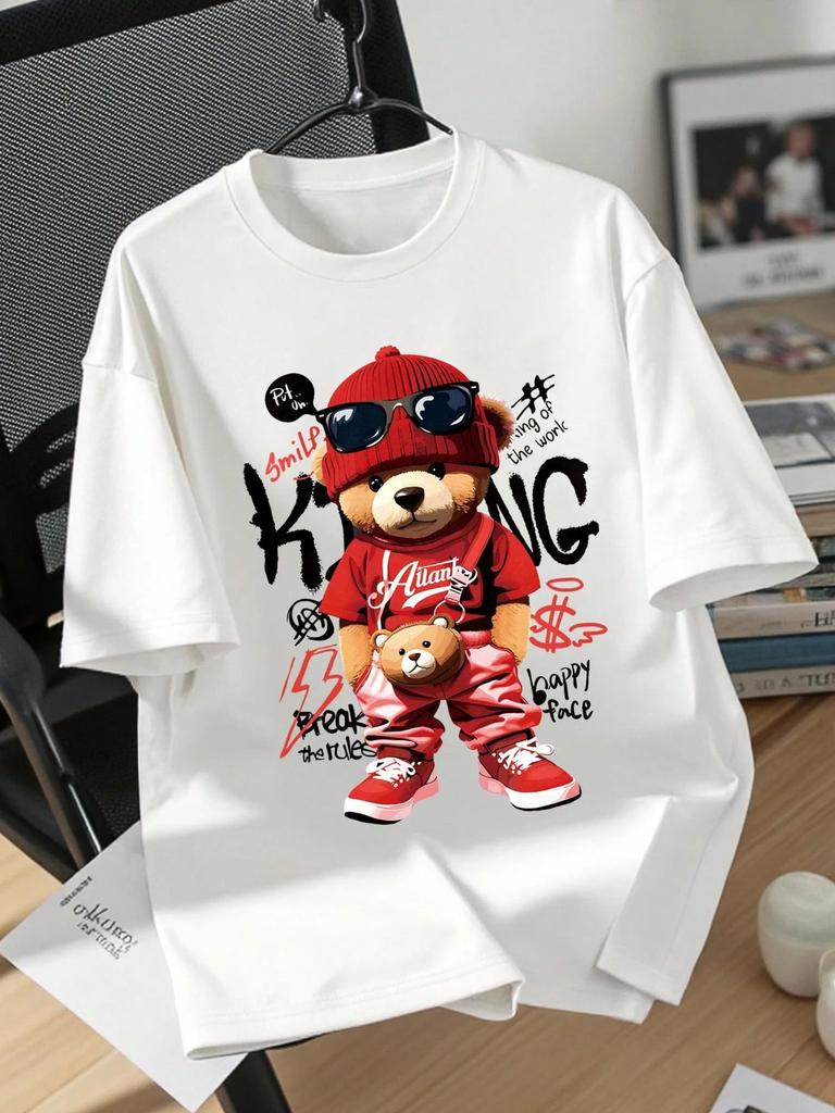 New Style Cartoon Bear Graphic T-shirt Men Casual Loose O-Neck Fashion Top Loose Breathable Cotton Short Sleeve Comfortable Top