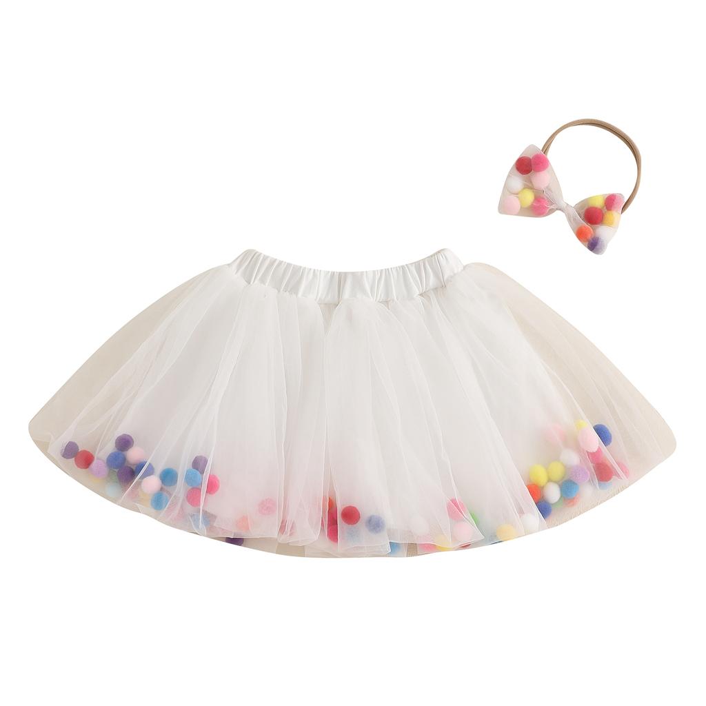 Saia Tutu de Malha para Menina, Colorida, com Pompons de Pelúcia, Cintura Elástica, Saia de Tule, Aniversário, Saia A-Line com Faixa de Cabelo