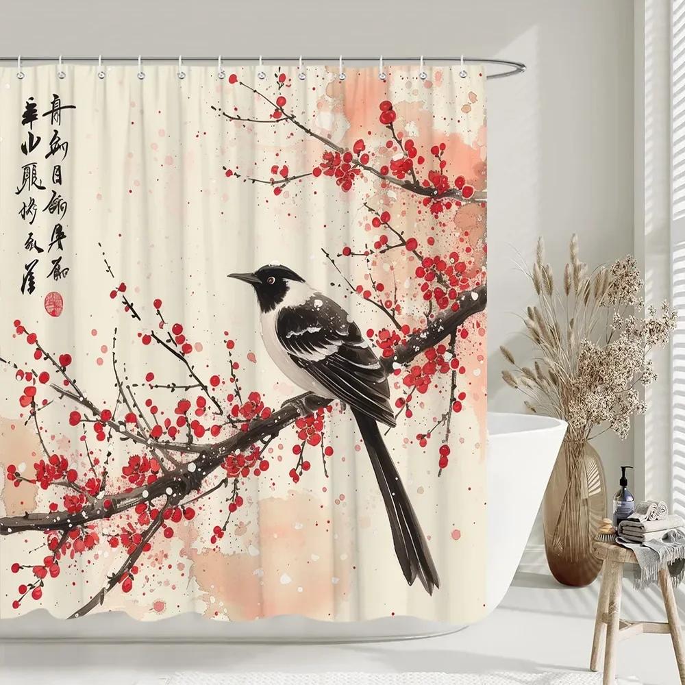 Chinese style Shower Curtain Koi Fish Cherry Blossom Sun Sea Wave Octopus Landscape Polyester Fabric Curtains Bathroom Decor