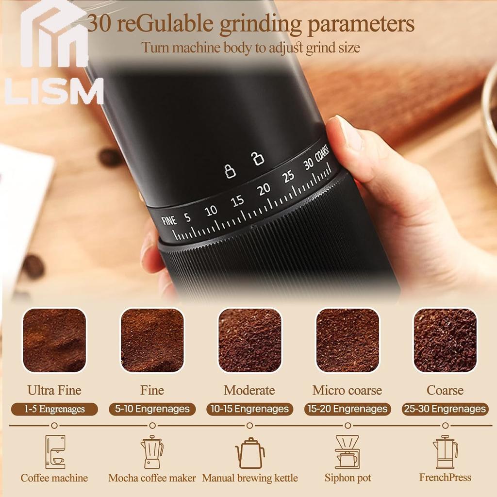 Rechargeable Espresso Coffee Grinder Burr Electric with 30 Adjustable Setting Cordless with Tapered Ceramic Grinding Heads