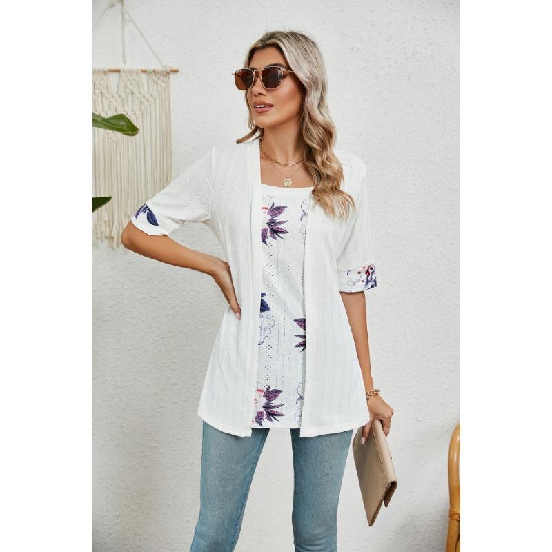 Camiseta feminina de verão com estampa falsa de duas peças, gola quadrada, manga média