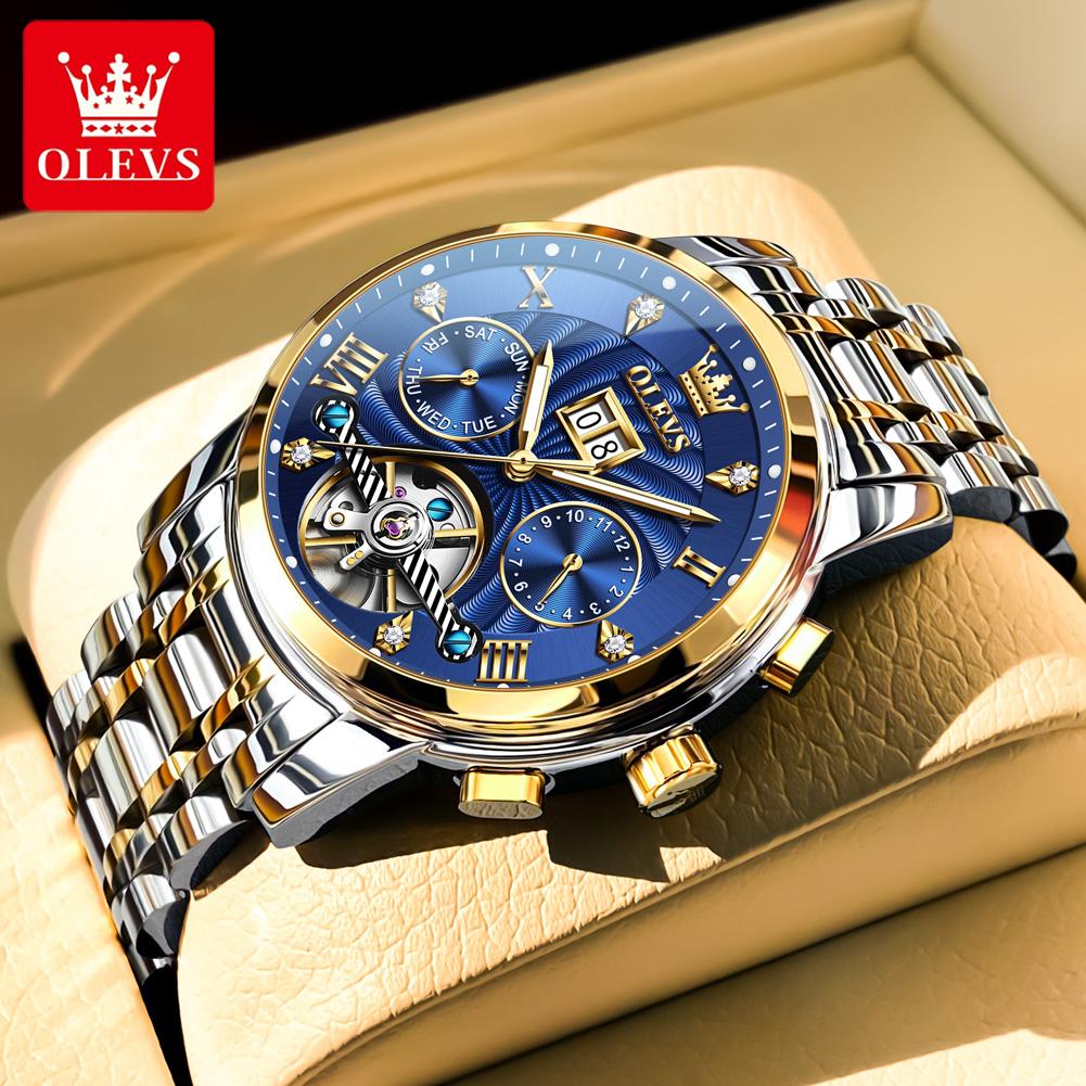 OLEVS 9910 Watch For Men Luxury Waterproof Mechanical Man Watch Stainless Steel Hollow Skeleton Calendar Automatic Hand Clock