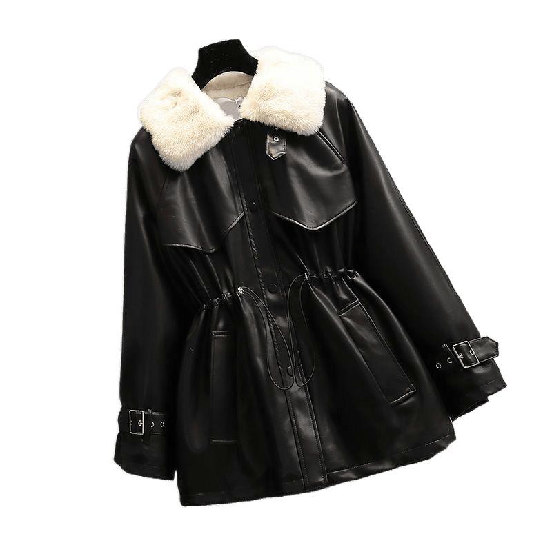 Autumn and Winter Large Size Women's Clothing New Temperament Waist Fur Integrated Locomotive Velvet Leather Jacket Women