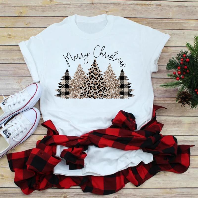 

Women Merry Christmas Leopard Print Tree Black T Shirt Christmas Xmas Gifts Womens Top Tshirt Harajuku Fashion New Year Tshirt 4XL
