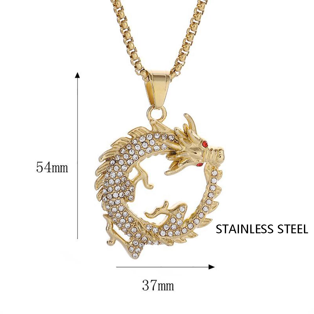 Fashion Hip Hop Bling Iced Out Dragon Round Pendant Necklace for Men Women Stainless Steel Rapper Jewelry Oriental Amulet Gift