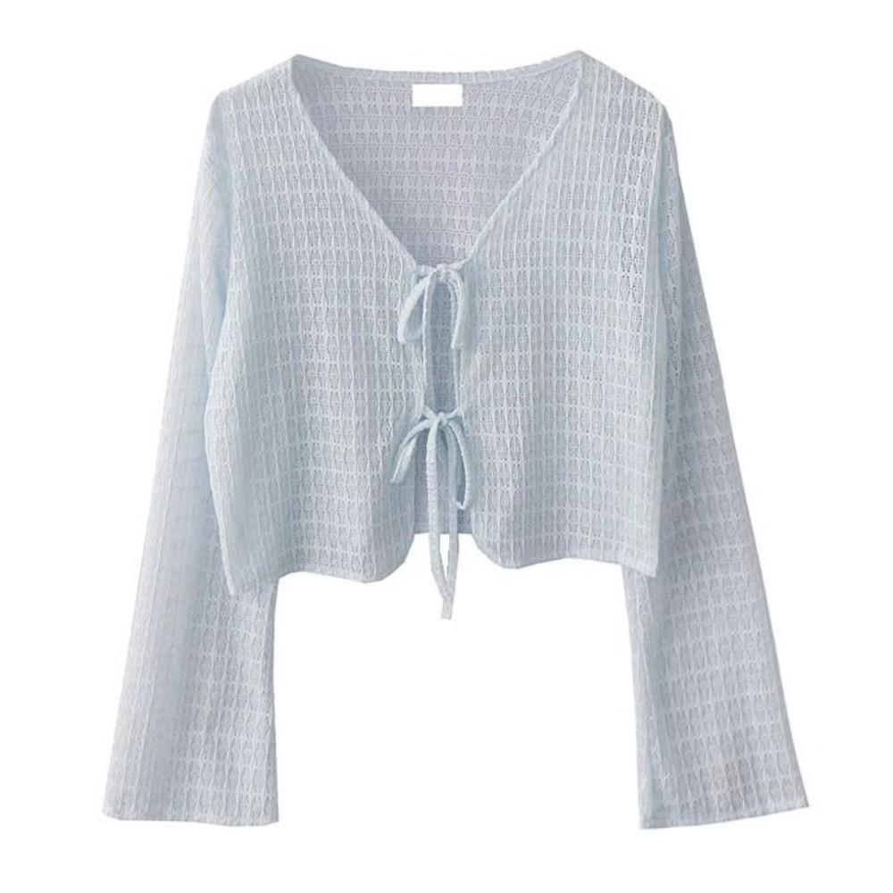 Niebieski Kardigan Bluzka Damska Cienka Dzianinowa Odzież Przeciwsłoneczna ze Spódnicą na Szelkach