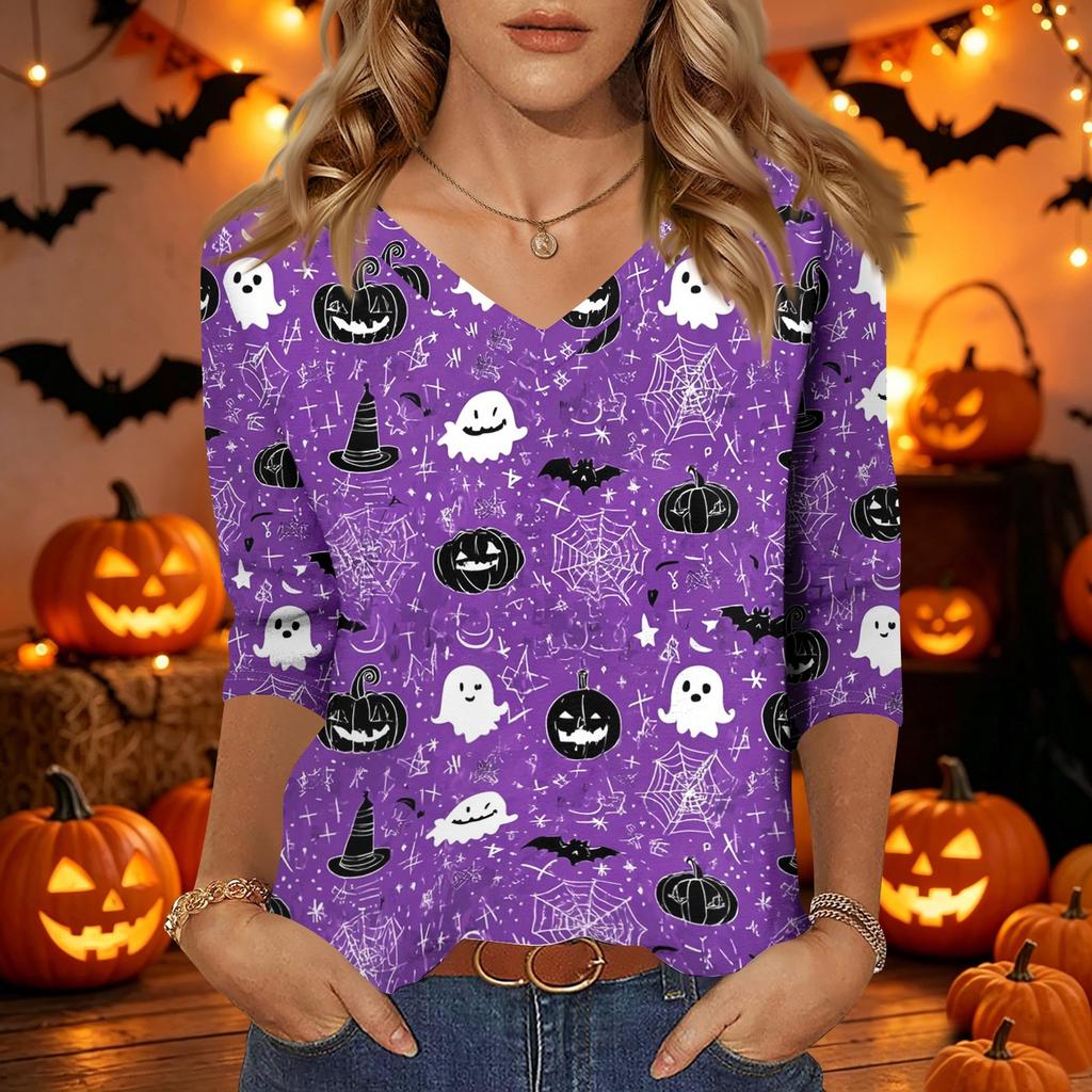 Damen Freizeit Halloween Aufdruck V-Ausschnitt Dreiviertelarm Oberteil Leicht Bequeme Passform Stilvolles Design für den Alltag