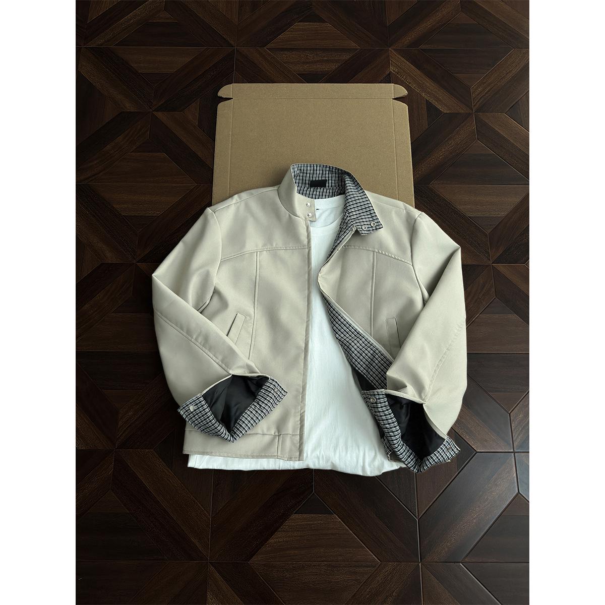

Men s Plaid Stand Collar Jacket - Spring/Autumn Heavyweight, Clean Fit, Trendy and Handsome Workwear. Extra Large бежевий