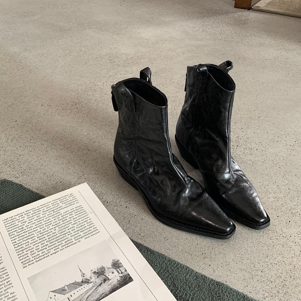 

Женские ковбойские ботинки с острым V-образным вырезом, челси, в стиле французского винтажа, со складками, на толстом каблуке 35 чёрный