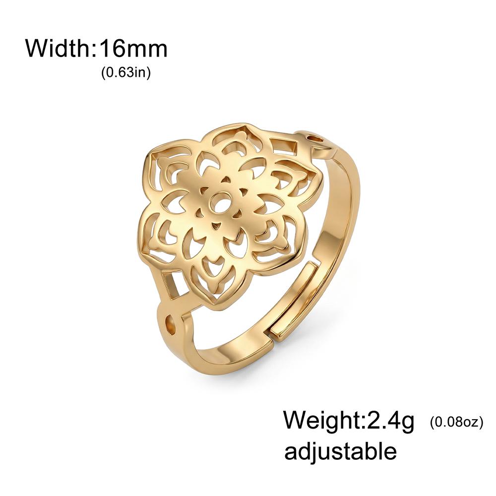 Dawapara Sacred Geometry Mandala Ring Lotus Flower Adjustable Women Ring Stainless Steel Buddhist Yoga Jewelry Spiritual Gift