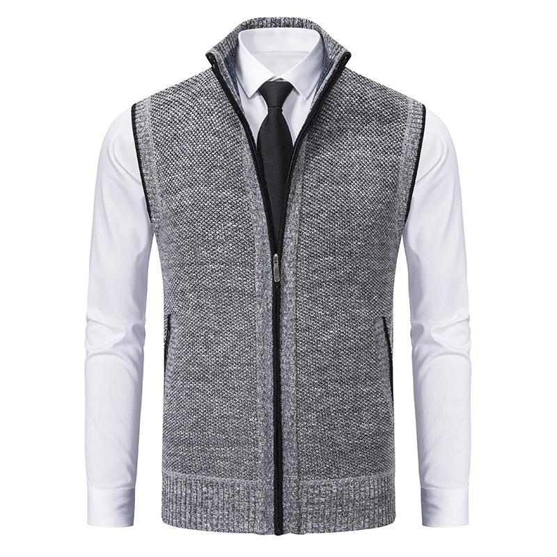 Men's Autumn/Winter Fleece-Lined Knit Sweater Vest with Stand Collar