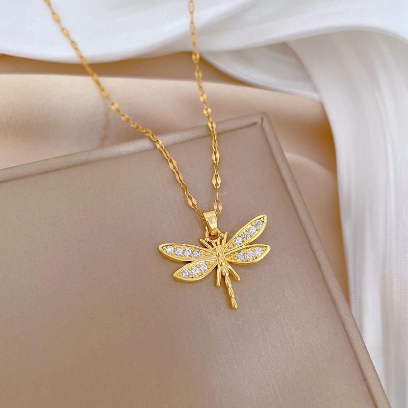 Full Diamond Dragonfly Light Luxury Temperament Gorgeous Full Diamond Necklace Female Versatile Collarbone Chain Titanium Steel Chain