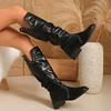 Rivet Mid-Tube Boots Autumn New Square Toe Spliced Sleeve Soft Sole Anti-Slip Wear-Resistant Single Boots
