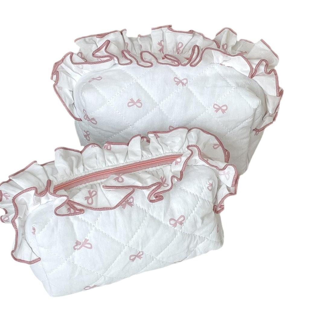 Lace Bow Makeup Bag: Sweet Fresh Lotus Leaf Design Clutch with Diamond Accents