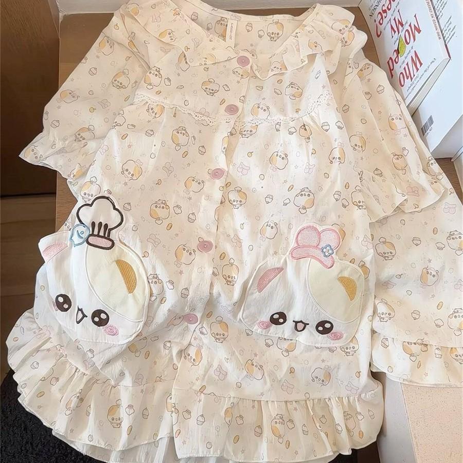 

Full print princess style sweet print blooming bear pajamas women s summer short-sleeved shorts two-piece set soft cute loungewear XXL
